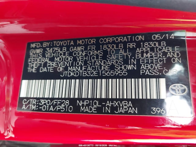 45138773 :رقم المزاد ، JTDKDTB32E1565955 vin ، 2014 Toyota Prius C Two مزاد بيع