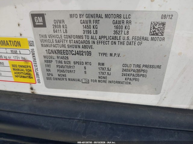 45138780 :رقم المزاد ، 1GNKREED7CJ402109 vin ، 2012 Chevrolet Traverse Ls مزاد بيع