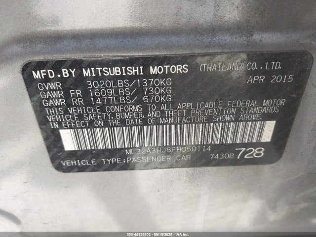 Aukcja sprzedaży 2015 Mitsubishi Mirage De, vin: ML32A3HJ8FH050114, numer aukcji: 45138802