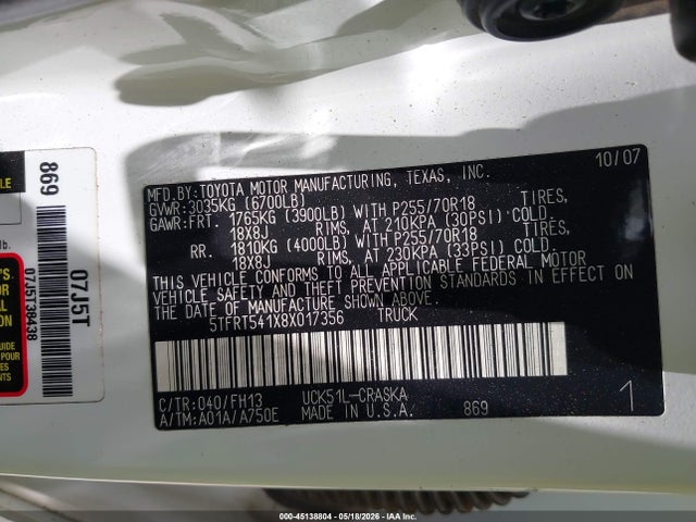 45138804 :رقم المزاد ، 5TFRT541X8X017356 vin ، 2008 Toyota Tundra Sr5 4.7l V8 مزاد بيع