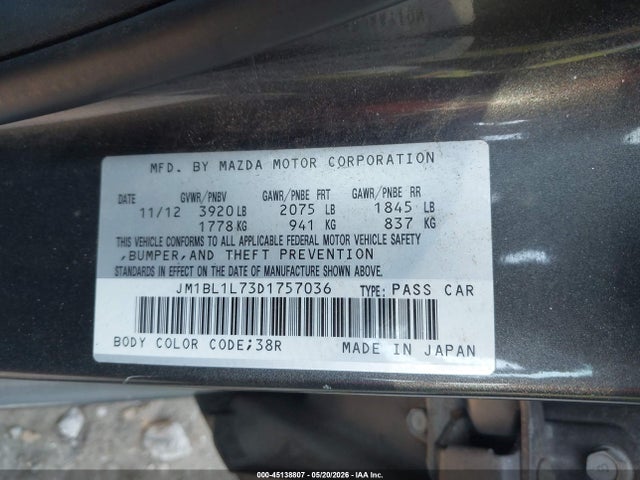 45138807 :رقم المزاد ، JM1BL1L73D1757036 vin ، 2013 Mazda Mazda3 مزاد بيع