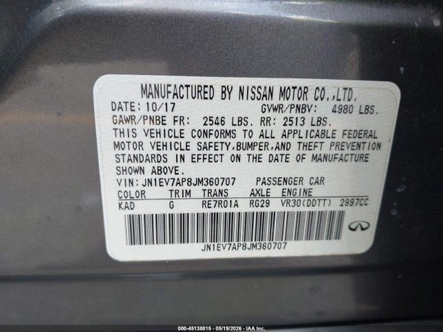 Aukcja sprzedaży 2018 Infiniti Q50 3.0t Luxe, vin: JN1EV7AP8JM360707, numer aukcji: 45138815