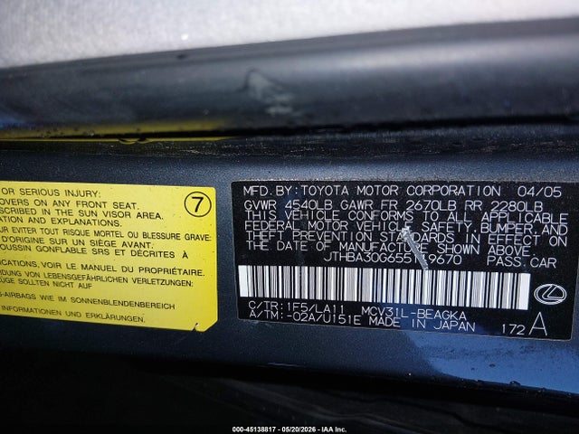 45138817 :رقم المزاد ، JTHBA30G655119670 vin ، 2005 Lexus Es 330 مزاد بيع