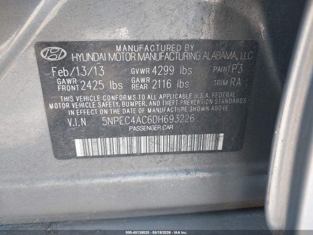 2013 Hyundai Sonata Se მანქანა იყიდება აუქციონზე, vin: 5NPEC4AC6DH693226, აუქციონის ნომერი: 45138820