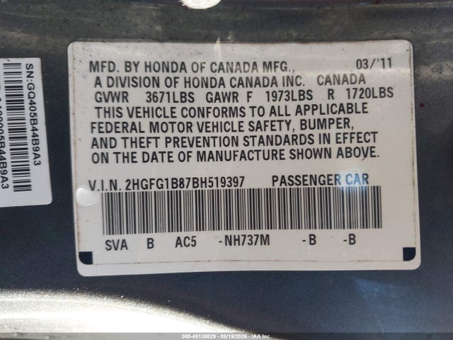 45138829 :رقم المزاد ، 2HGFG1B87BH519397 vin ، 2011 Honda Civic Ex مزاد بيع