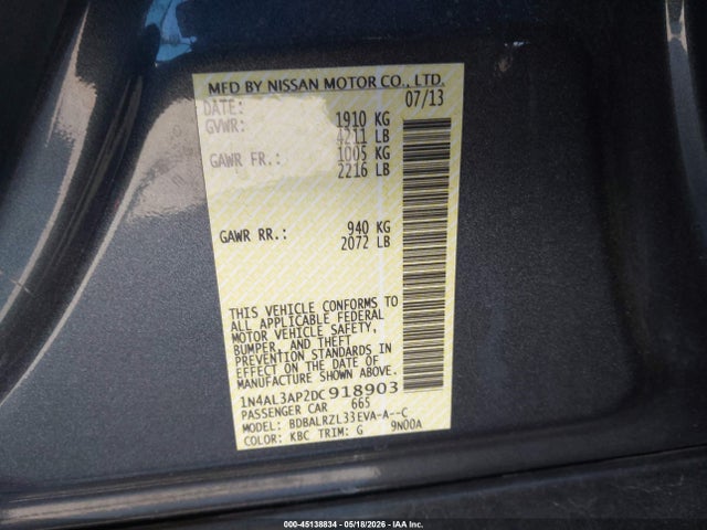 Aukcja sprzedaży 2013 Nissan Altima 2.5 S, vin: 1N4AL3AP2DC918903, numer aukcji: 45138834