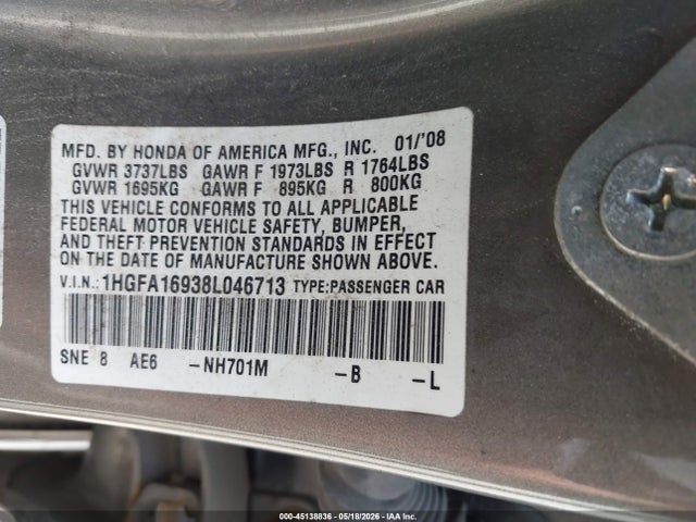 Aukcja sprzedaży 2008 Honda Civic Ex-l, vin: 1HGFA16938L046713, numer aukcji: 45138836