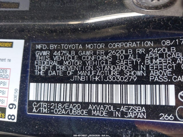 2018 Toyota Camry Se მანქანა იყიდება აუქციონზე, vin: JTNB11HK1J3030279, აუქციონის ნომერი: 45138837