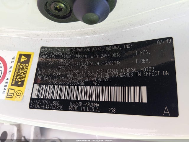 Aukcja sprzedaży 2019 Toyota Highlander Xle, vin: 5TDKZRFH8KS569498, numer aukcji: 45138838