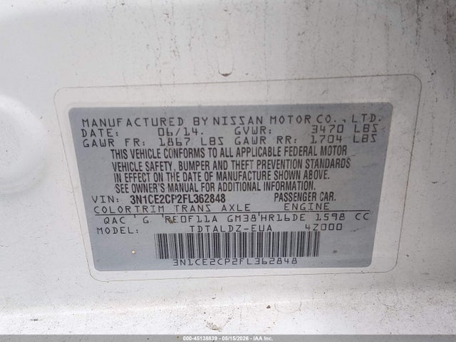 45138839 :رقم المزاد ، 3N1CE2CP2FL362848 vin ، 2015 Nissan Versa Note Sv مزاد بيع