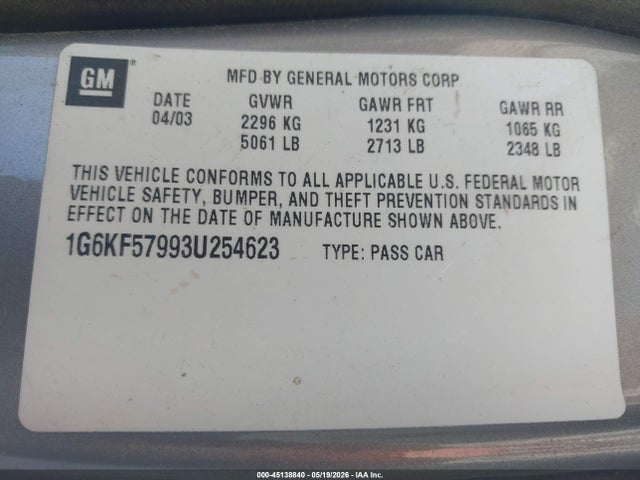 45138840 :رقم المزاد ، 1G6KF57993U254623 vin ، 2003 Cadillac Deville Dts مزاد بيع