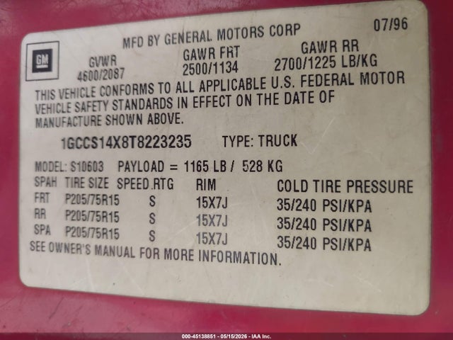 1996 Chevrolet S Truck S10 მანქანა იყიდება აუქციონზე, vin: 1GCCS14X8T8223235, აუქციონის ნომერი: 45138851