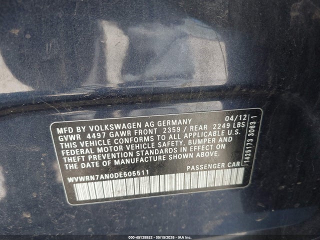 45138852 :رقم المزاد ، WVWRN7AN0DE505511 vin ، 2013 Volkswagen Cc 2.0t Lux مزاد بيع