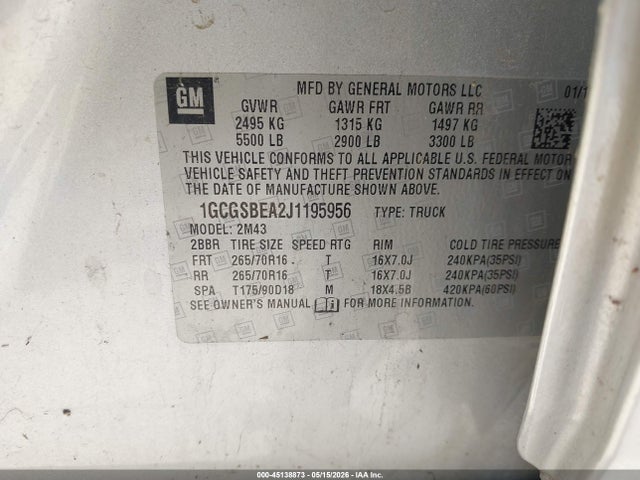 Продаж на аукціоні авто 2018 Chevrolet Colorado Wt, vin: 1GCGSBEA2J1195956, номер лоту: 45138873