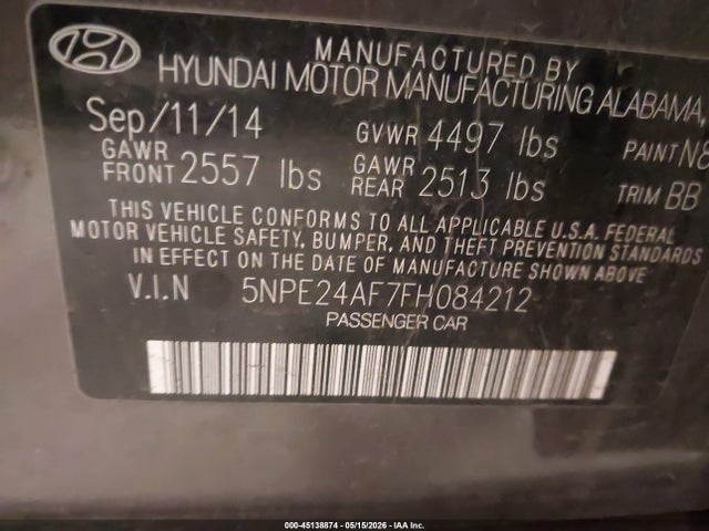 45138874 :رقم المزاد ، 5NPE24AF7FH084212 vin ، 2015 Hyundai Sonata Se مزاد بيع