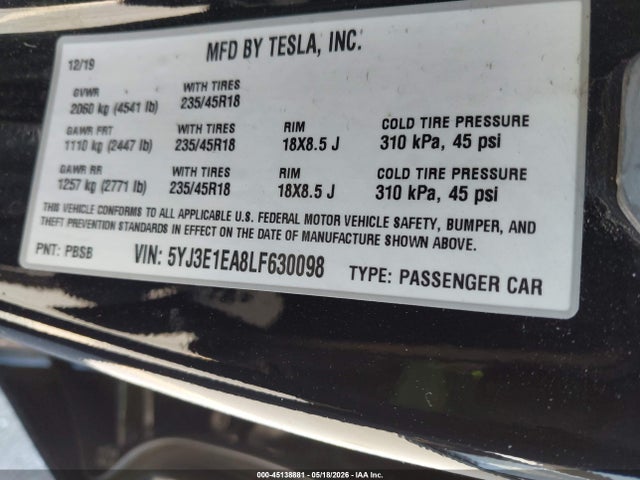 Aukcja sprzedaży 2020 Tesla Model 3 Standard Range Plus Rear-wheel Drive/standard Range Rear-wheel Drive, vin: 5YJ3E1EA8LF630098, numer aukcji: 45138881