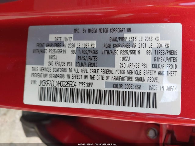 Aukcja sprzedaży 2017 Mazda Cx-5 Grand Select, vin: JM3KFADLXH0225904, numer aukcji: 45138897