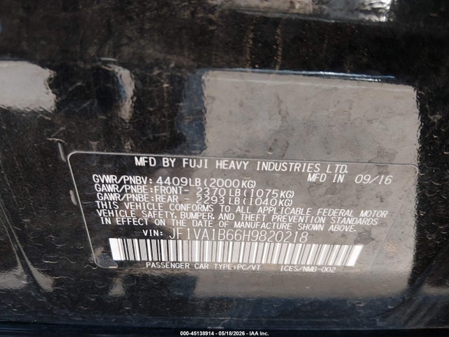 Aukcja sprzedaży 2017 Subaru Wrx, vin: JF1VA1B66H9820218, numer aukcji: 45138914