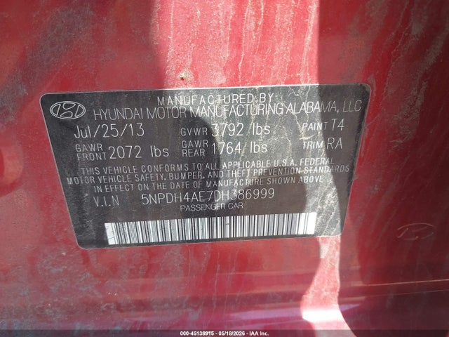 2013 Hyundai Elantra Gls მანქანა იყიდება აუქციონზე, vin: 5NPDH4AE7DH386999, აუქციონის ნომერი: 45138915