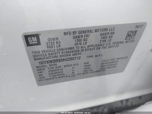 45138919 :رقم المزاد ، 1GYKNDRS8HZ280712 vin ، 2017 Cadillac Xt5 Luxury مزاد بيع