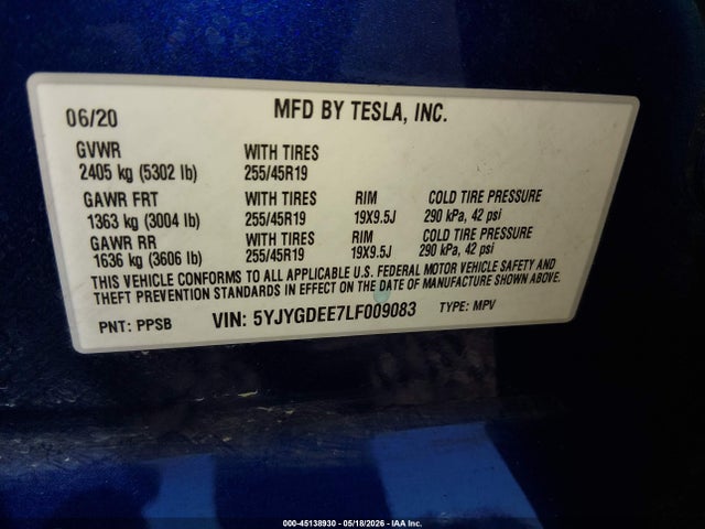 Aukcja sprzedaży 2020 Tesla Model Y Long Range Dual Motor All-wheel Drive, vin: 5YJYGDEE7LF009083, numer aukcji: 45138930
