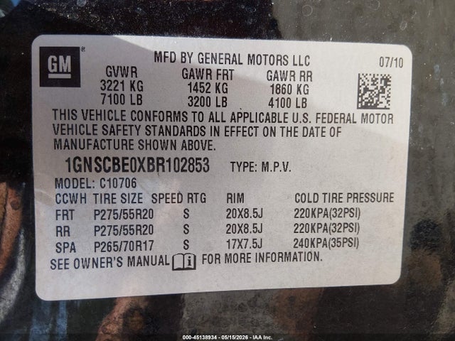45138934 :رقم المزاد ، 1GNSCBE0XBR102853 vin ، 2011 Chevrolet Tahoe Lt مزاد بيع