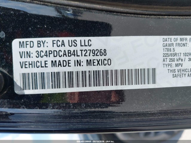 2020 Dodge Journey Se Value მანქანა იყიდება აუქციონზე, vin: 3C4PDCAB4LT279268, აუქციონის ნომერი: 45138958
