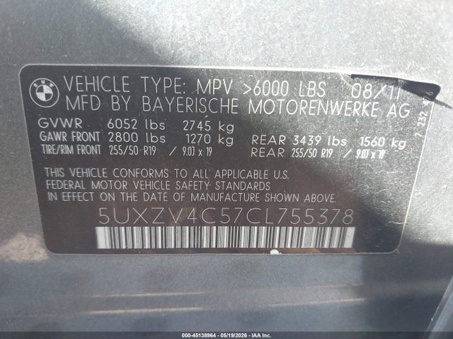 Продаж на аукціоні авто 2012 Bmw X5 Xdrive35i/xdrive35i Premium/xdrive35i Sport Activity, vin: 5UXZV4C57CL755378, номер лоту: 45138964