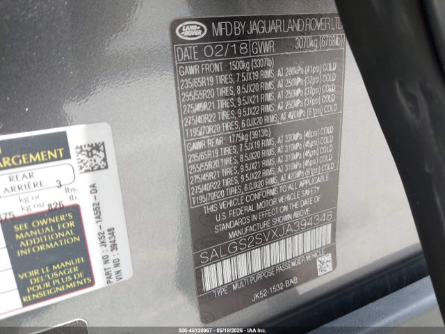 Auction sale of the 2018 Land Rover Range Rover 3.0l V6 Supercharged Hse, vin: SALGS2SVXJA394348, lot number: 45138967