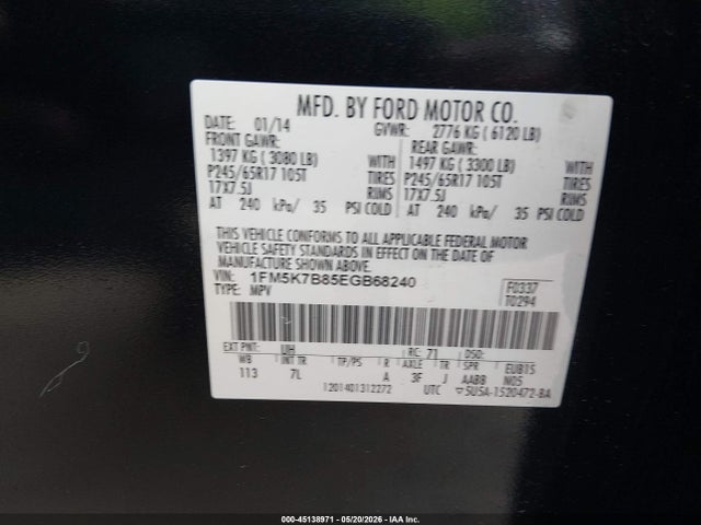 2014 Ford Explorer მანქანა იყიდება აუქციონზე, vin: 1FM5K7B85EGB68240, აუქციონის ნომერი: 45138971