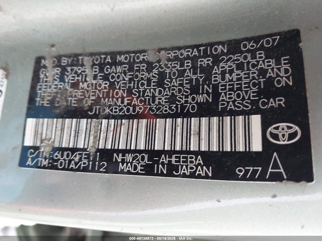 Aukcja sprzedaży 2007 Toyota Prius, vin: JTDKB20U973283170, numer aukcji: 45138972