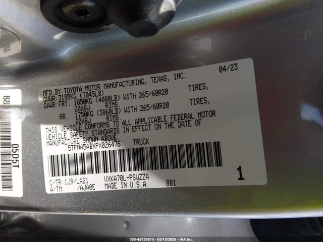Aukcja sprzedaży 2023 Toyota Tundra Platinum, vin: 5TFNA5ABXPX026476, numer aukcji: 45138974