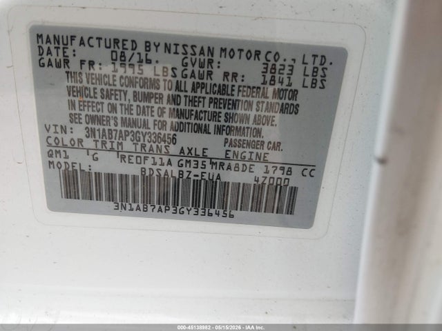 Aukcja sprzedaży 2016 Nissan Sentra S, vin: 3N1AB7AP3GY336456, numer aukcji: 45138982