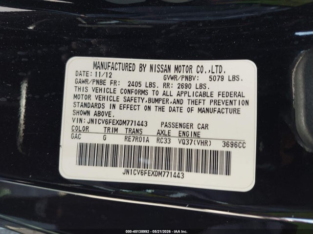Auction sale of the 2013 Infiniti G37, vin: JN1CV6FEXDM771443, lot number: 45138992