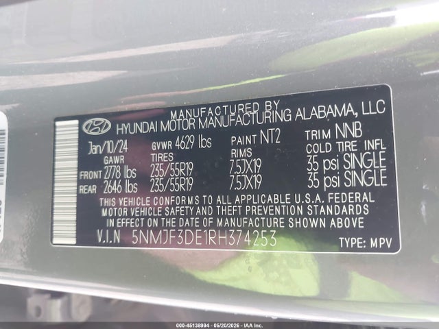 Продаж на аукціоні авто 2024 Hyundai Tucson Sel, vin: 5NMJF3DE1RH374253, номер лоту: 45138994