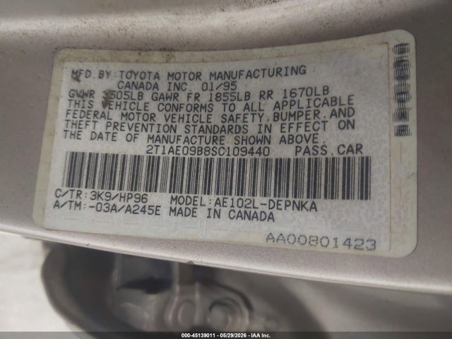 Продажа на аукционе авто 1995 Toyota Corolla Le/dx, vin: 2T1AE09B8SC109440, номер лота: 45139011