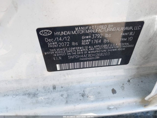 Продаж на аукціоні авто 2013 Hyundai Elantra Gls, vin: 5NPDH4AE8DH268203, номер лоту: 45139013