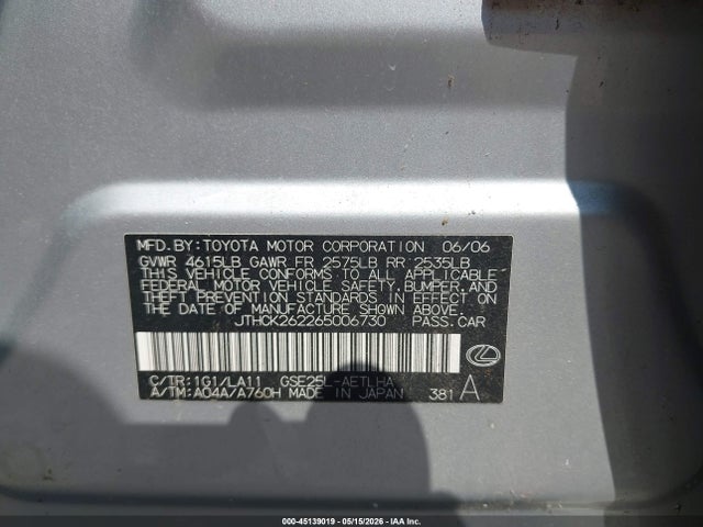 45139019 :رقم المزاد ، JTHCK262265006730 vin ، 2006 Lexus Is 250 مزاد بيع