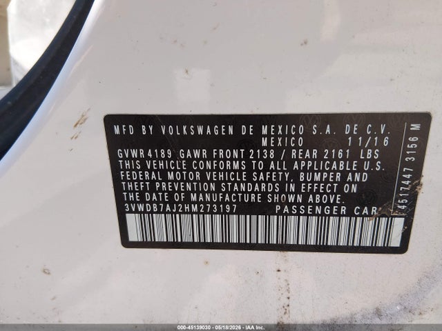 2017 Volkswagen Jetta 1.4t Se მანქანა იყიდება აუქციონზე, vin: 3VWDB7AJ2HM273197, აუქციონის ნომერი: 45139030
