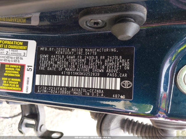 Продажа на аукционе авто 2019 Toyota Camry Le, vin: 4T1B11HK0KU252839, номер лота: 45139032