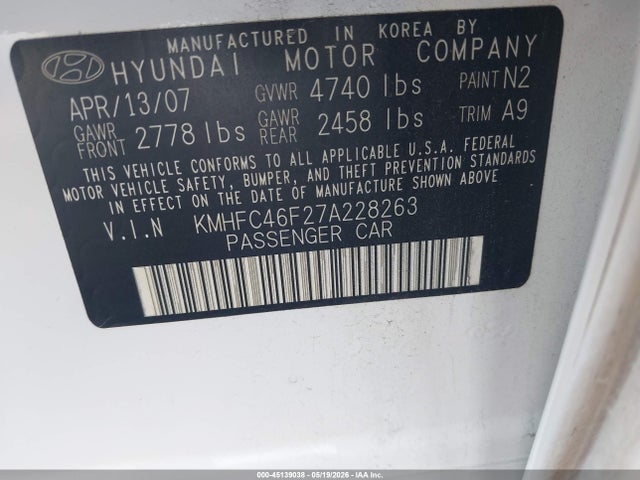 Продаж на аукціоні авто 2007 Hyundai Azera Limited/se, vin: KMHFC46F27A228263, номер лоту: 45139038