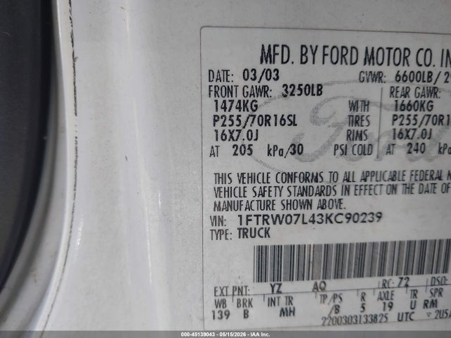 Aukcja sprzedaży 2003 Ford F-150 Lariat/xlt, vin: 1FTRW07L43KC90239, numer aukcji: 45139043