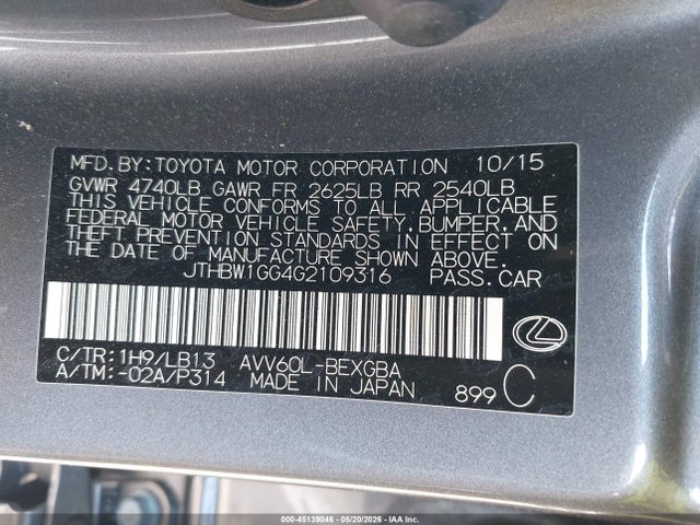 2016 Lexus Es 300h მანქანა იყიდება აუქციონზე, vin: JTHBW1GG4G2109316, აუქციონის ნომერი: 45139046