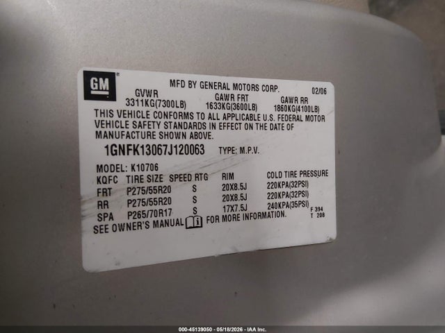 45139050 :رقم المزاد ، 1GNFK13067J120063 vin ، 2007 Chevrolet Tahoe Ltz مزاد بيع