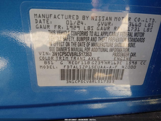 Auction sale of the 2024 Nissan Kicks Sv Xtronic Cvt, vin: 3N1CP5CV8RL517353, lot number: 45139057