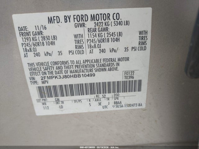 Aukcja sprzedaży 2017 Ford Edge Sel, vin: 2FMPK3J80HBB10499, numer aukcji: 45139059