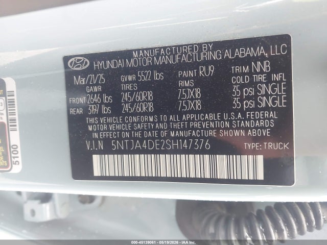 Aukcja sprzedaży 2025 Hyundai Santa Cruz Se, vin: 5NTJA4DE2SH147376, numer aukcji: 45139061