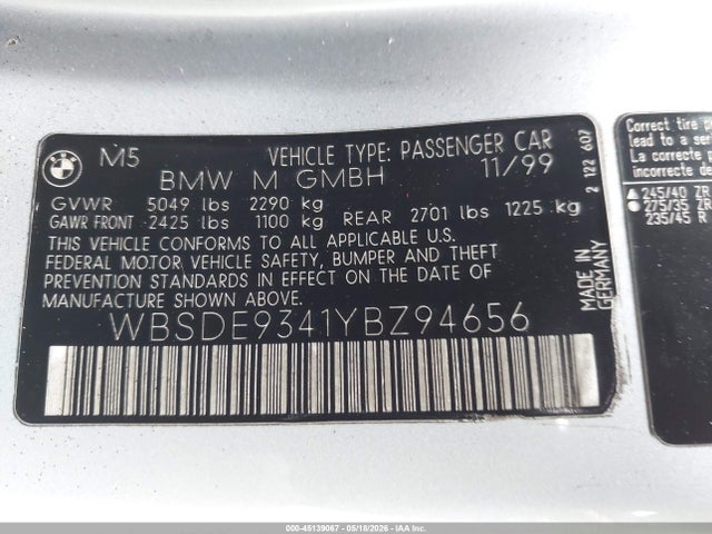Aukcja sprzedaży 2000 Bmw M5, vin: WBSDE9341YBZ94656, numer aukcji: 45139067