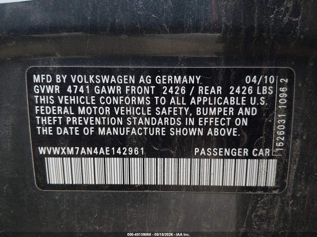 Aukcja sprzedaży 2010 Volkswagen Passat Komfort, vin: WVWXM7AN4AE142961, numer aukcji: 45139068