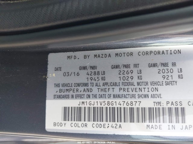 Продаж на аукціоні авто 2016 Mazda Mazda6 I Touring, vin: JM1GJ1V58G1476877, номер лоту: 45139071